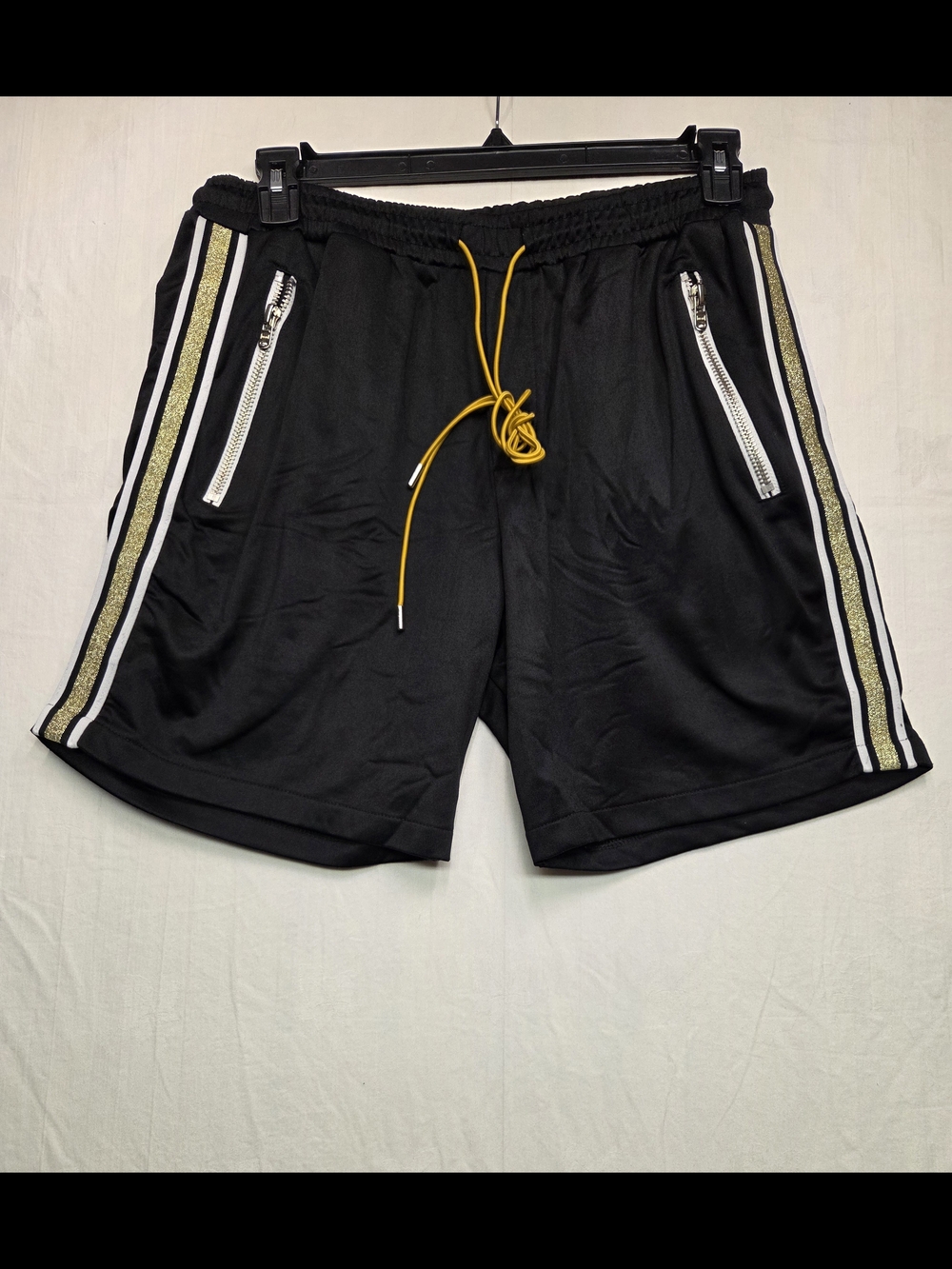 MNML Black Athletic Shorts with Gold Accent and White Trim. Size L.